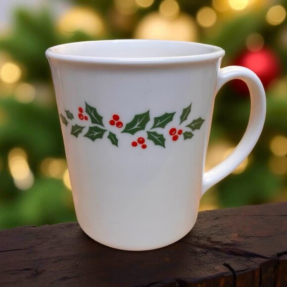2 Vintage Corning Holly Berry Milk Glass Mugs — Christmas Holly Pattern - Picture 2 of 7